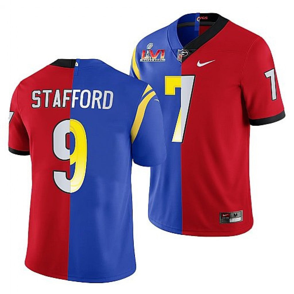 Men's Los Angeles Rams X Georgia Bulldogs #9 Matthew Stafford Red/Royal Split Super Bowl LVI Stitched Jersey 
