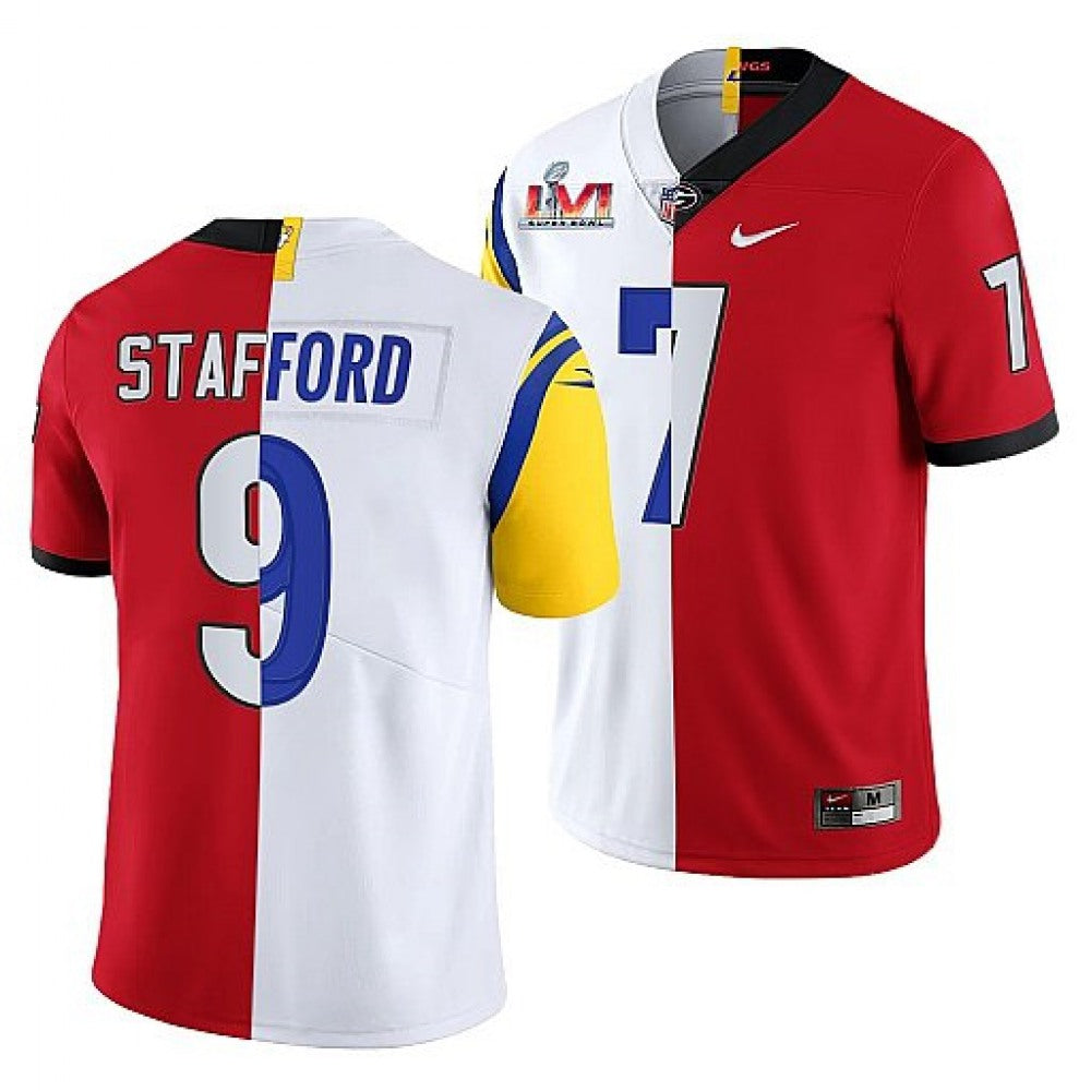 Men's Los Angeles Rams X Georgia Bulldogs #9 Matthew Stafford Red/White Split Super Bowl LVI Stitched Jersey 