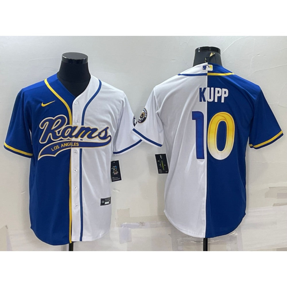 Men's Los Angeles Rams #10 Cooper Kupp Royal/White Split With Patch Cool Base Stitched Baseball Jersey 