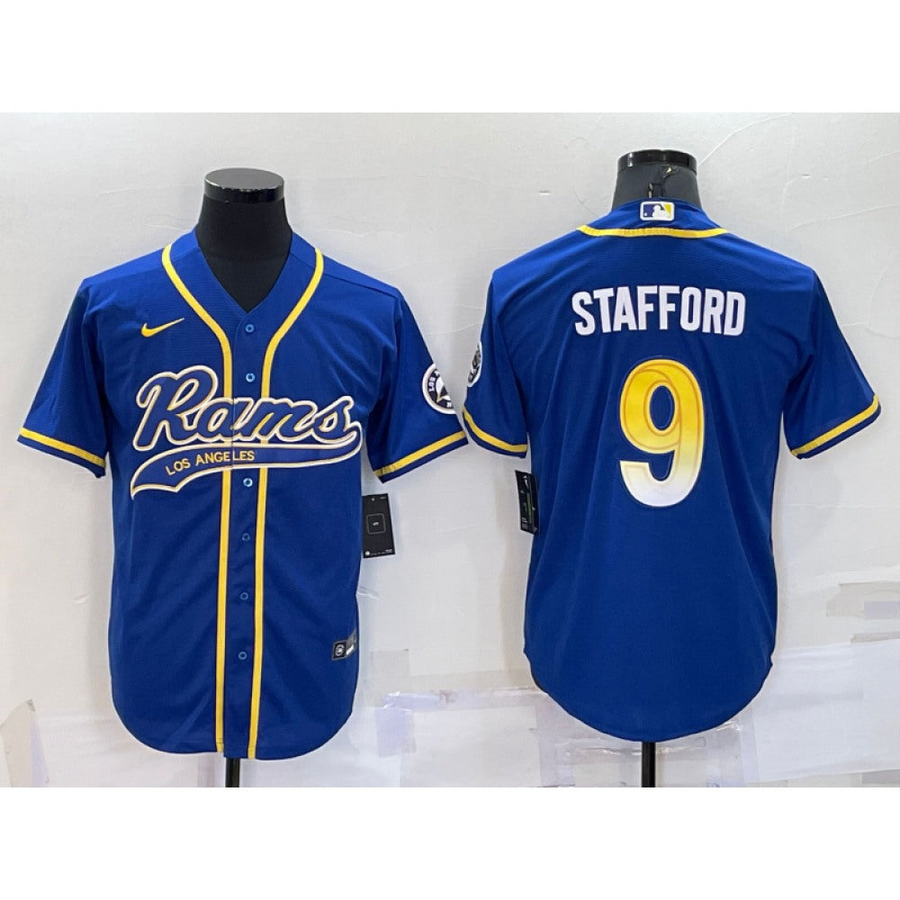 Men's Los Angeles Rams #9 Matthew Stafford Royal With Patch Cool Base Stitched Baseball Jersey 