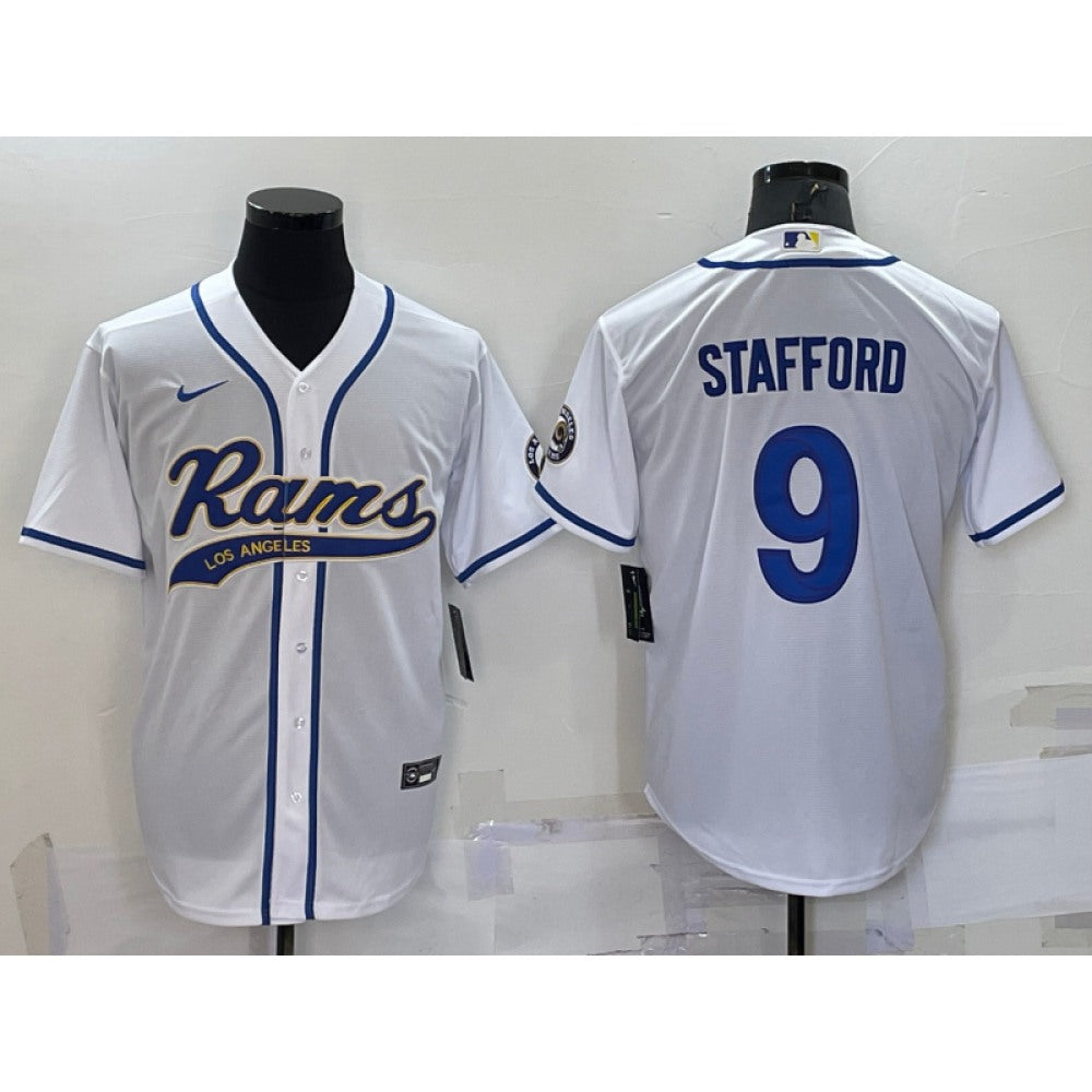 Men's Los Angeles Rams #9 Matthew Stafford White With Patch Cool Base Stitched Baseball Jersey 