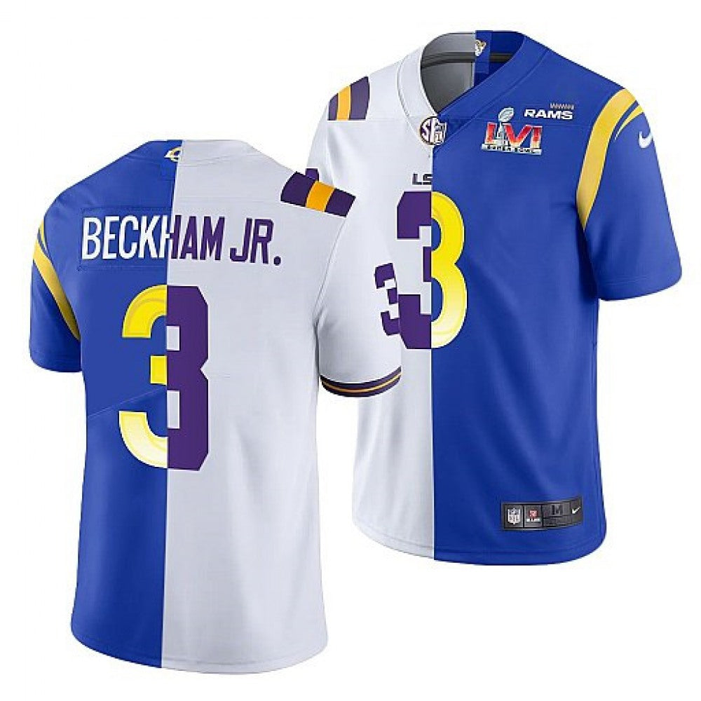 Men's Los Angeles Rams X LSU Tigers #3 Odell Beckham Jr. White/Royal Split Super Bowl LVI Stitched Jersey 
