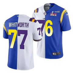 Men's Los Angeles Rams X LSU Tigers #77 Matthew Stafford White/Royal Split Super Bowl LVI Stitched Jersey 