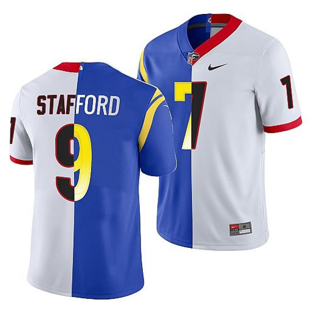 Men's Los Angeles Rams X Georgia Bulldogs #9 Matthew Stafford White/Royal Split Stitched Jersey 