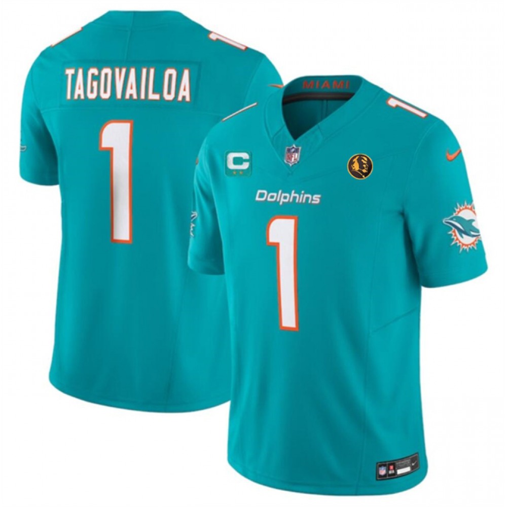 Men's Miami Dolphins #1 Tua Tagovailoa Aqua 2023 F.U.S.E. With 2-star C Patch And John Madden Patch Vapor Limited Stitched Football Jersey 