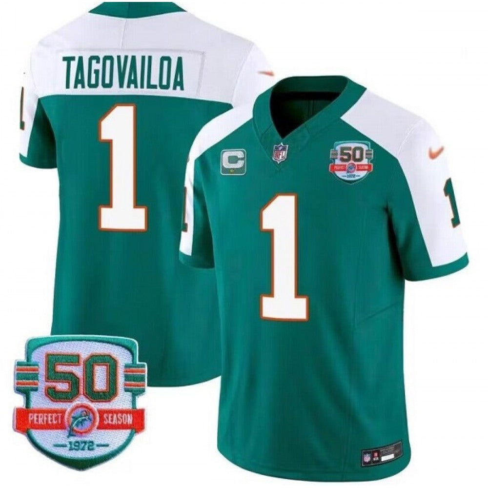 Men's Miami Dolphins #1 Tua Tagovailoa Aqua White 2023 F.U.S.E With 1-star C Patch And 50th Perfect Season Patch Vapor Limited Stitched Football Jersey 