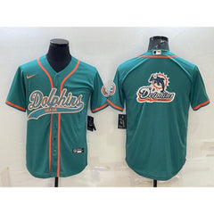 Men's Miami Dolphins Aqua Team Big Logo With Patch Cool Base Stitched Baseball Jersey 
