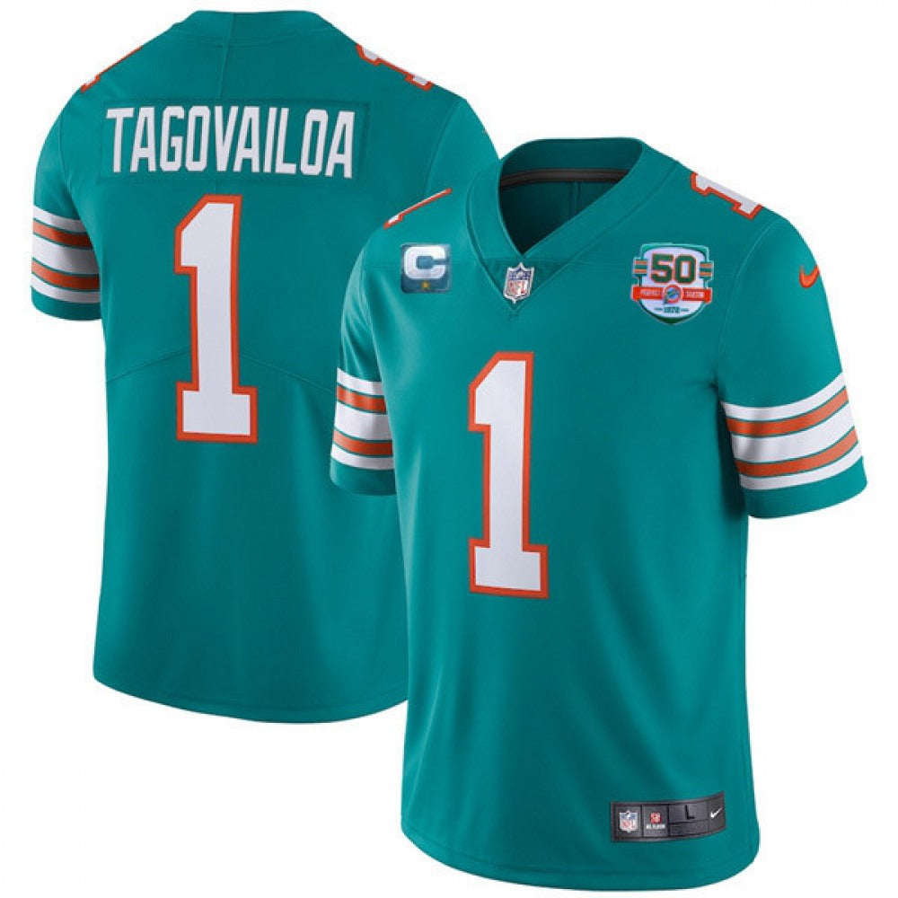 Men's Miami Dolphins #1 Tua Tagovailoa 2022 Aqua With 50th Perfect Season Patch Limited Stitched Jersey 