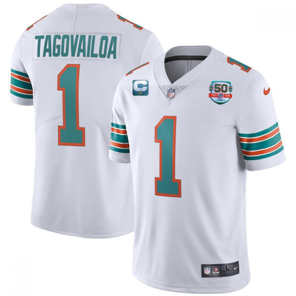 Men's Miami Dolphins #1 Tua Tagovailoa 2022 Aqua With 50th Perfect Season Patch Limited Stitched Jersey 