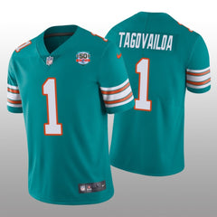 Men's Miami Dolphins #1 Tua Tagovailoa 2022 Aqua With 50th Perfect Season Patch Limited Stitched Jersey 