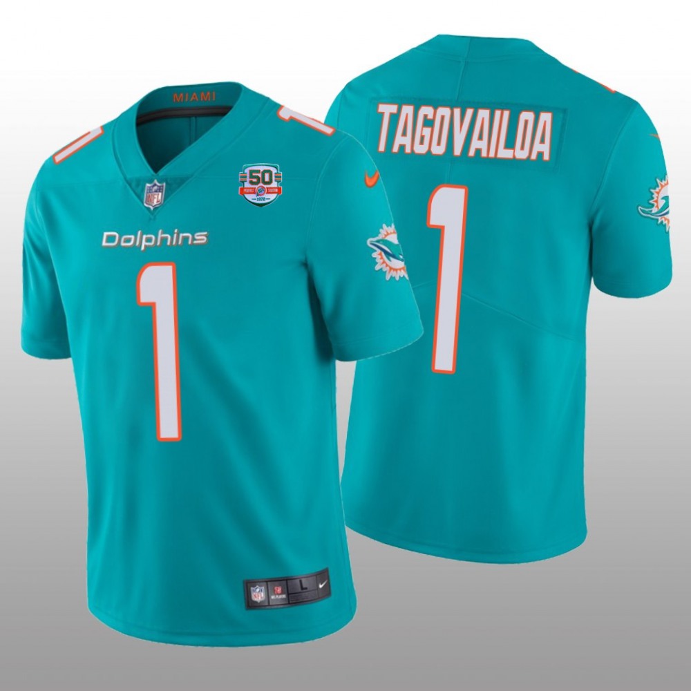 Men's Miami Dolphins #1 Tua Tagovailoa 2022 Aqua With 50th Perfect Season Patch Limited Stitched Jersey 