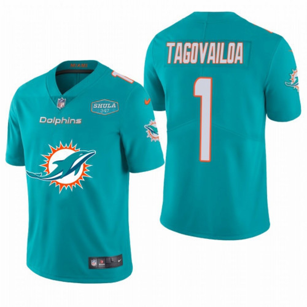Men's Miami Dolphins #1 Tua Tagovailoa Aqua With 347 Shula Patch 2020 Team Big Logo With 347 Shula Patch Limited Stitched Jersey 
