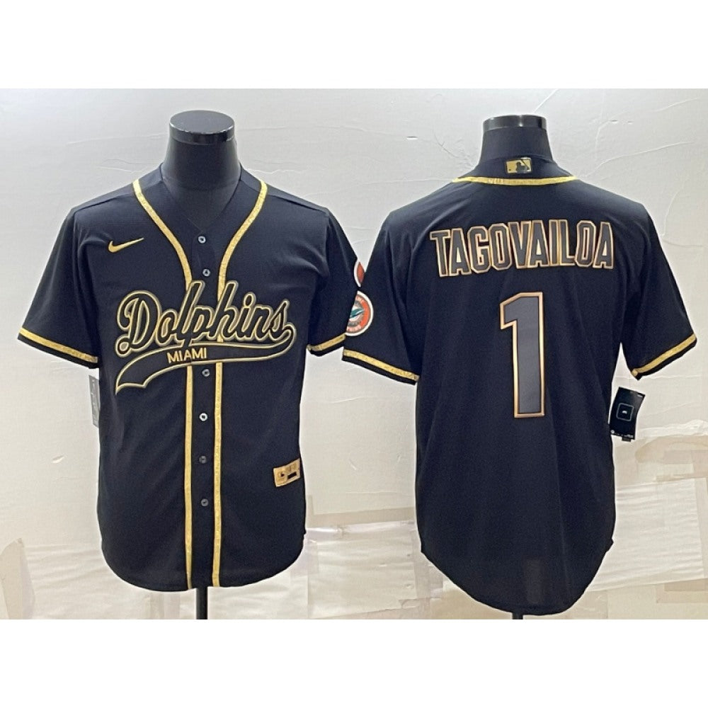 Men's Miami Dolphins #1 Tua Tagovailoa Black Gold With Patch Cool Base Stitched Baseball Jersey 
