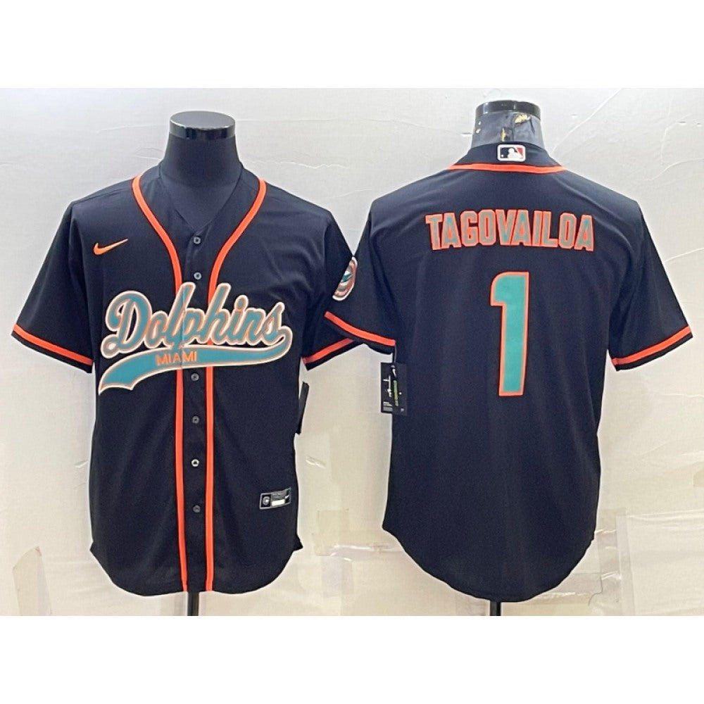Men's Miami Dolphins #1 Tua Tagovailoa Black With Patch Cool Base Stitched Baseball Jersey 