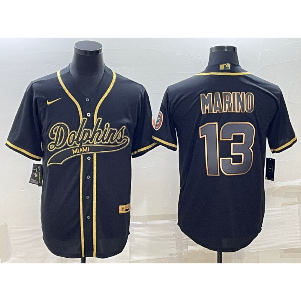 Men's Miami Dolphins #13 Dan Marino Black Gold With Patch Cool Base Stitched Baseball Jersey 