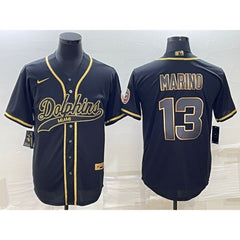 Men's Miami Dolphins #13 Dan Marino Black Gold With Patch Cool Base Stitched Baseball Jersey 