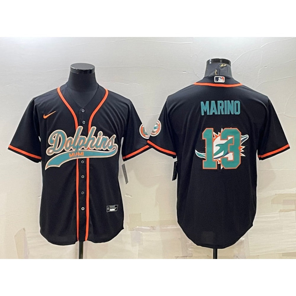Men's Miami Dolphins #13 Dan Marino Black Team Big Logo With Patch Cool Base Stitched Baseball Jersey 