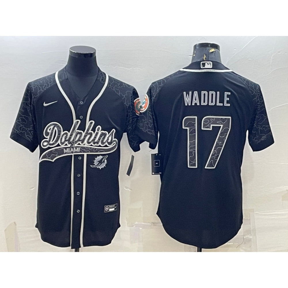 Men's Miami Dolphins #17 Jaylen Waddle Black Reflective With Patch Cool Base Stitched Baseball Jersey 