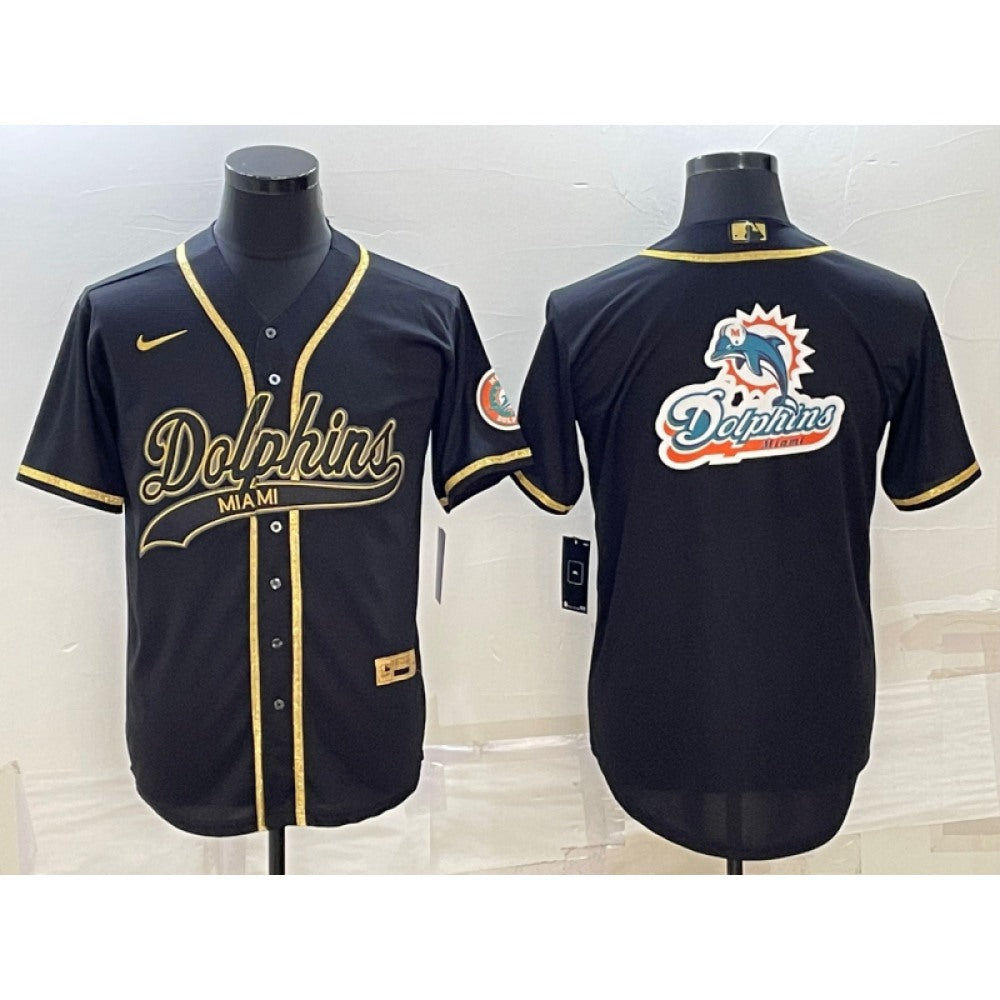 Men's Miami Dolphins Black Gold Team Big Logo With Patch Cool Base Stitched Baseball Jersey 