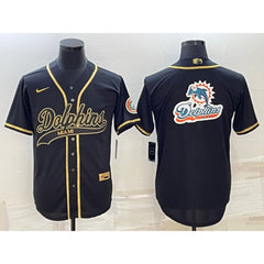 Men's Miami Dolphins Black Gold Team Big Logo With Patch Cool Base Stitched Baseball Jersey 