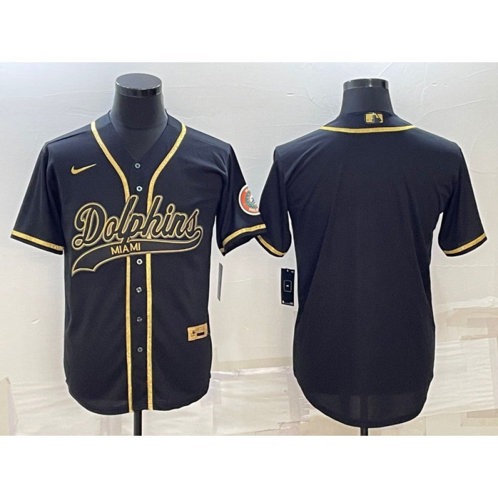 Men's Miami Dolphins Blank Black Gold With Patch Cool Base Stitched Baseball Jersey 
