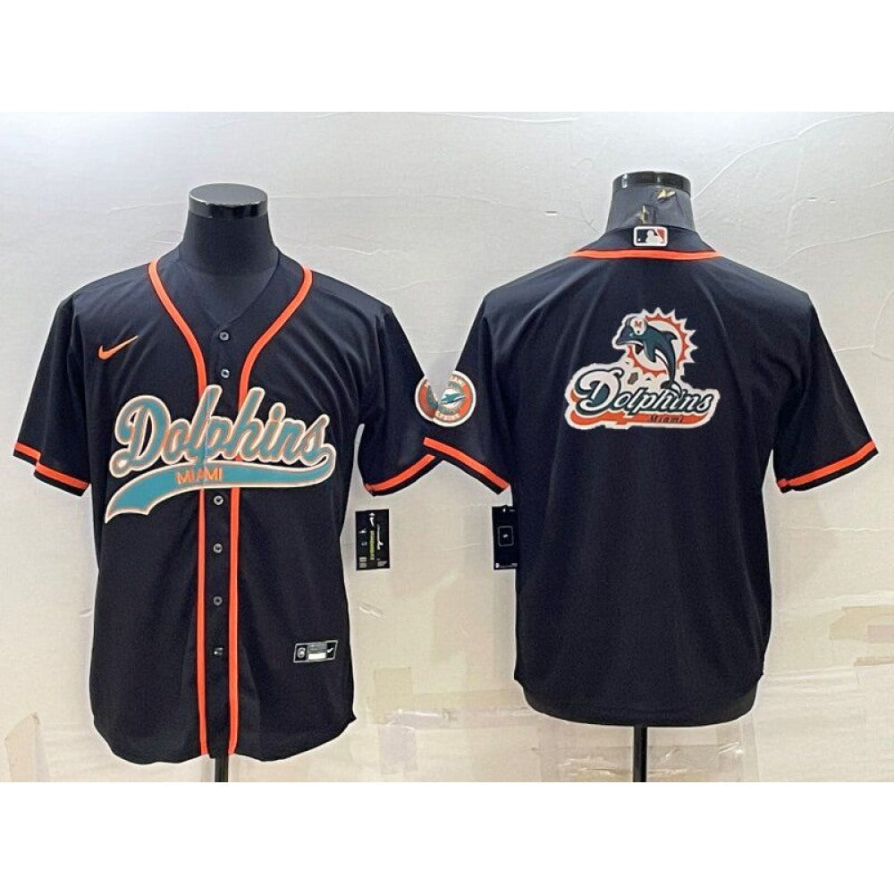 Men's Miami Dolphins Black Team Big Logo With Patch Cool Base Stitched Baseball Jersey 