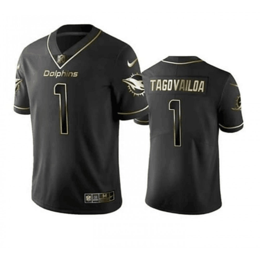 Men's Miami Dolphins #1 Tua Tagovailoa Black Golden Stitched NFL Jersey 