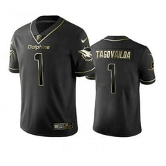 Men's Miami Dolphins #1 Tua Tagovailoa Black Golden Stitched NFL Jersey 