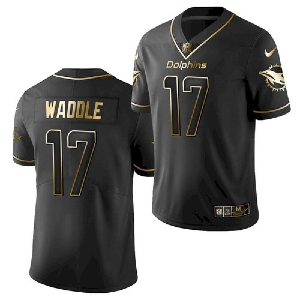 Men's Miami Dolphins #17 Jaylen Waddle Black Golden Edition Stitched Jersey 