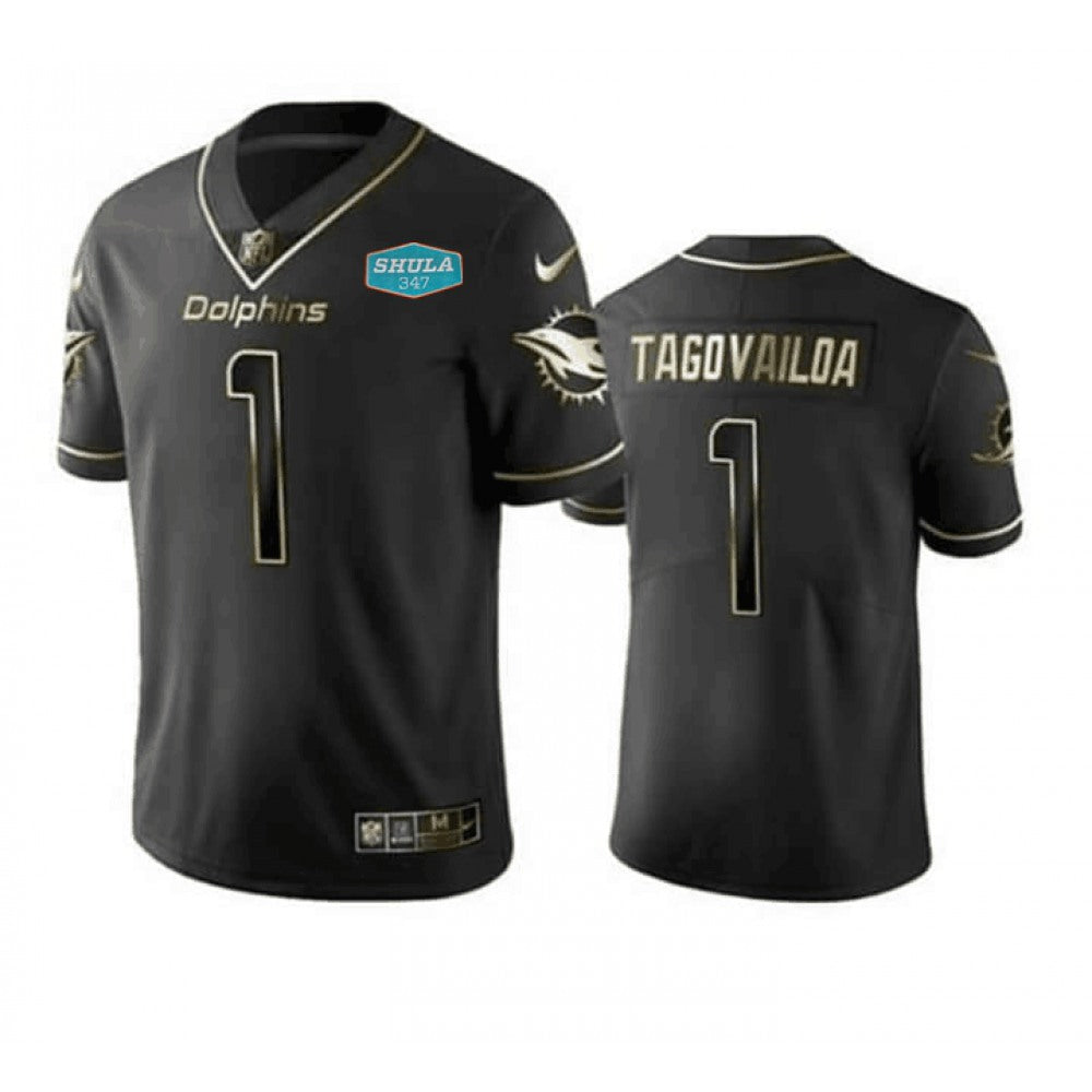 Men's Miami Dolphins #1 Tua Tagovailoa 2020 Black Gold With 347 Shula Patch Limited Stitched Jersey 
