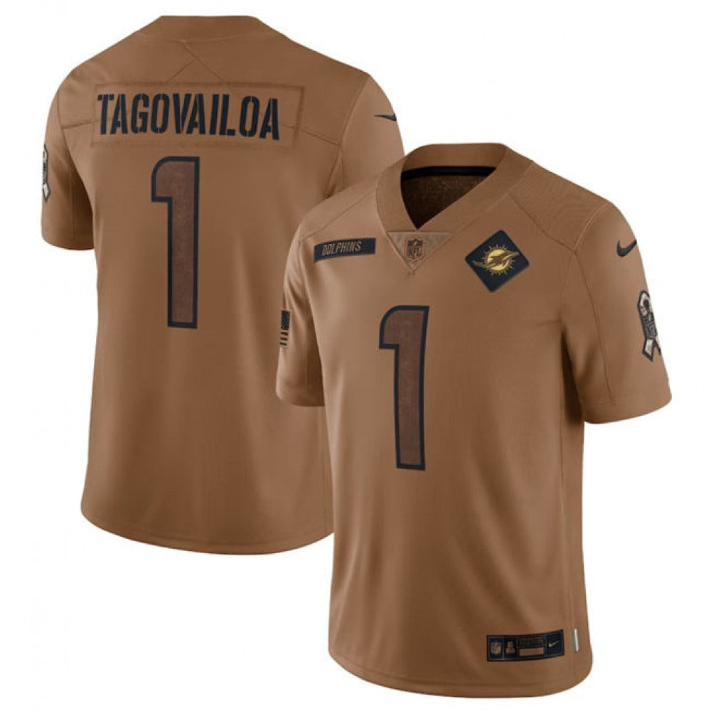 Men's Miami Dolphins #1 Tua Tagovailoa 2023 Brown Salute To Service Limited Stitched Football Jersey 