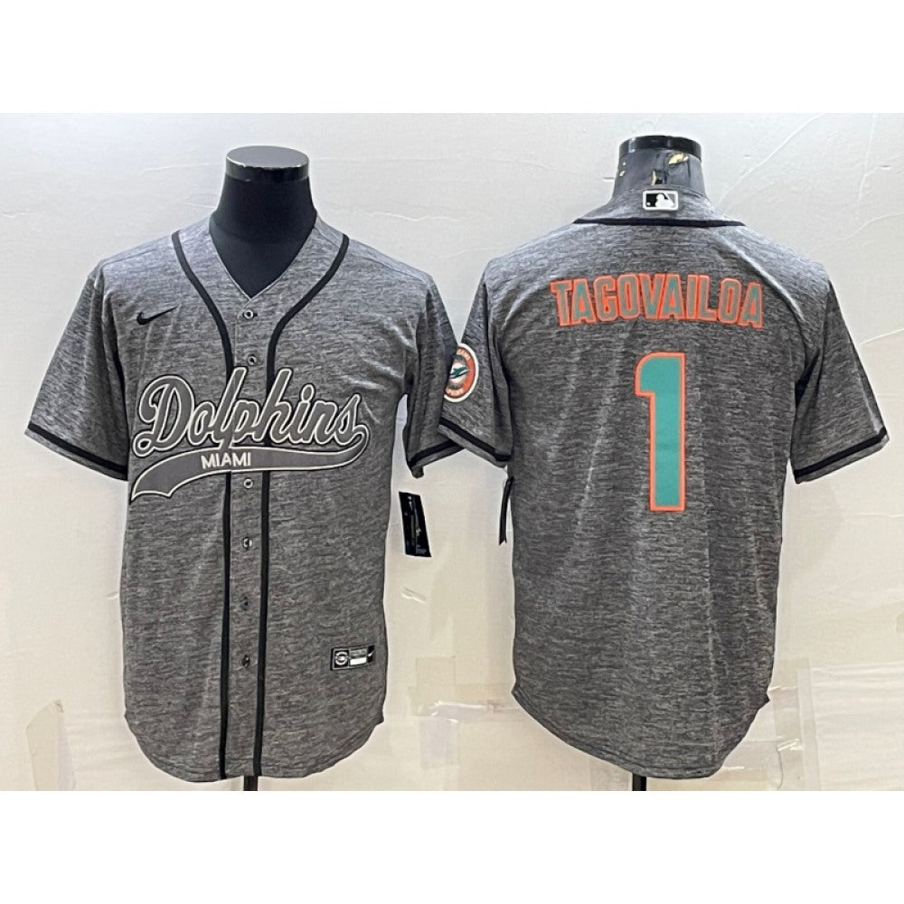 Men's Miami Dolphins #1 Tua Tagovailoa Grey With Patch Cool Base Stitched Baseball Jersey 