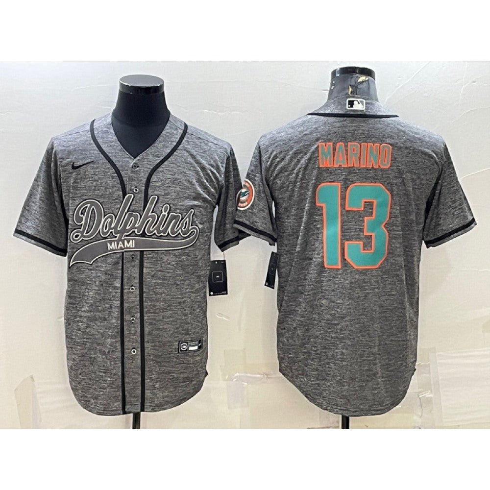 Men's Miami Dolphins #13 Dan Marino Grey With Patch Cool Base Stitched Baseball Jersey 
