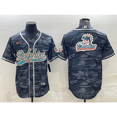 Men's Miami Dolphins Grey Camo Team Big Logo With Patch Cool Base Stitched Baseball Jersey 