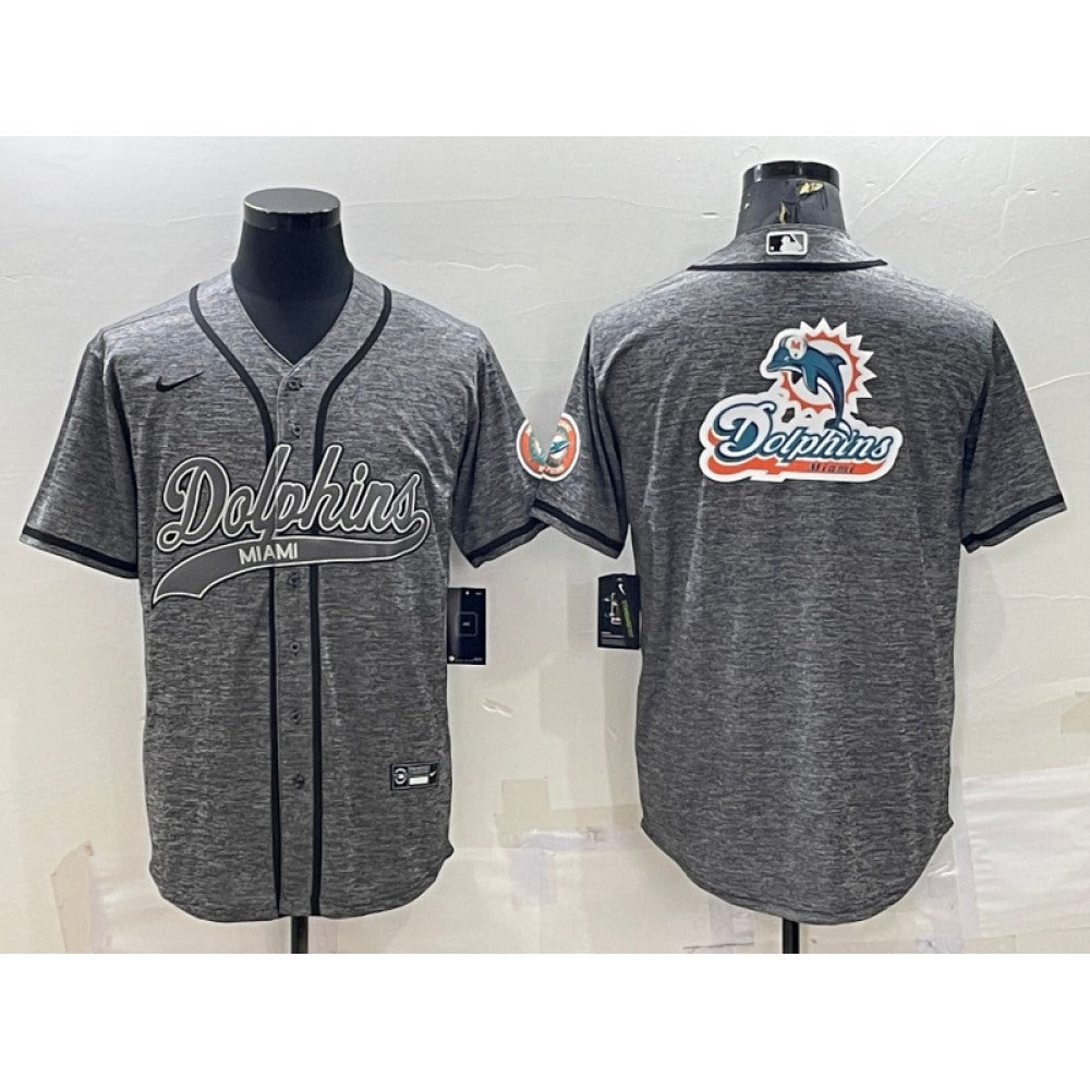 Men's Miami Dolphins Grey Team Big Logo With Patch Cool Base Stitched Baseball Jersey 