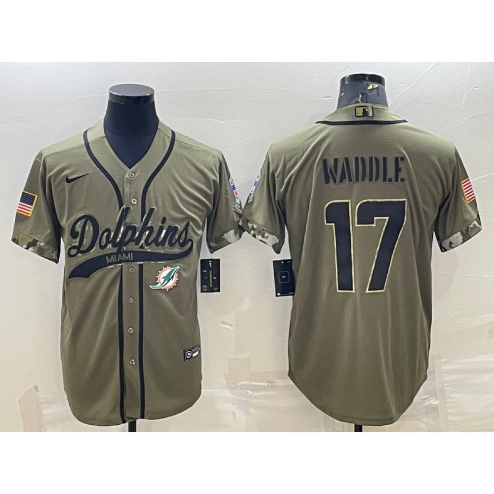 Men's Miami Dolphins #17 Jaylen Waddle Olive 2022 Salute To Service Cool Base Stitched Baseball Jersey 