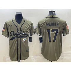 Men's Miami Dolphins #17 Jaylen Waddle Olive 2022 Salute To Service Cool Base Stitched Baseball Jersey 