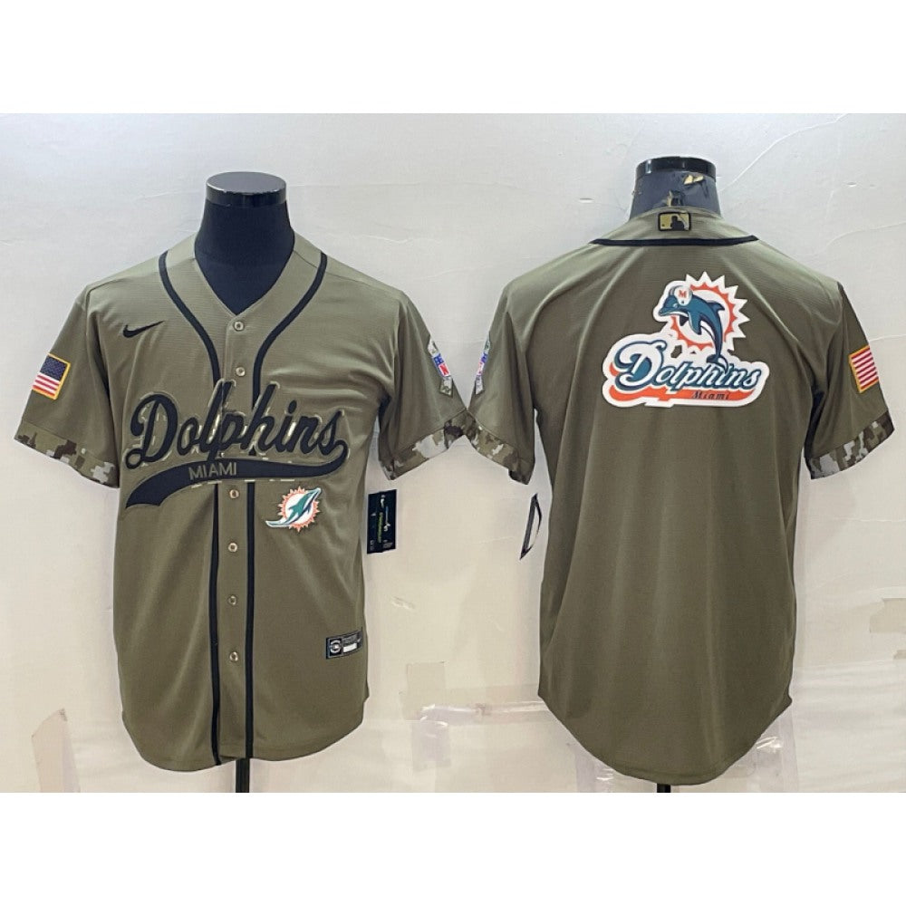 Men's Miami Dolphins Olive 2022 Salute To Service Team Big Logo Cool Base Stitched Baseball Jersey 001 