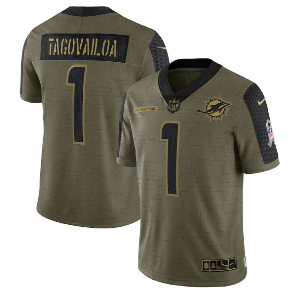 Men's Miami Dolphins #1 Tua Tagovailoa 2021 Olive Salute To Service Limited Stitched Jersey 