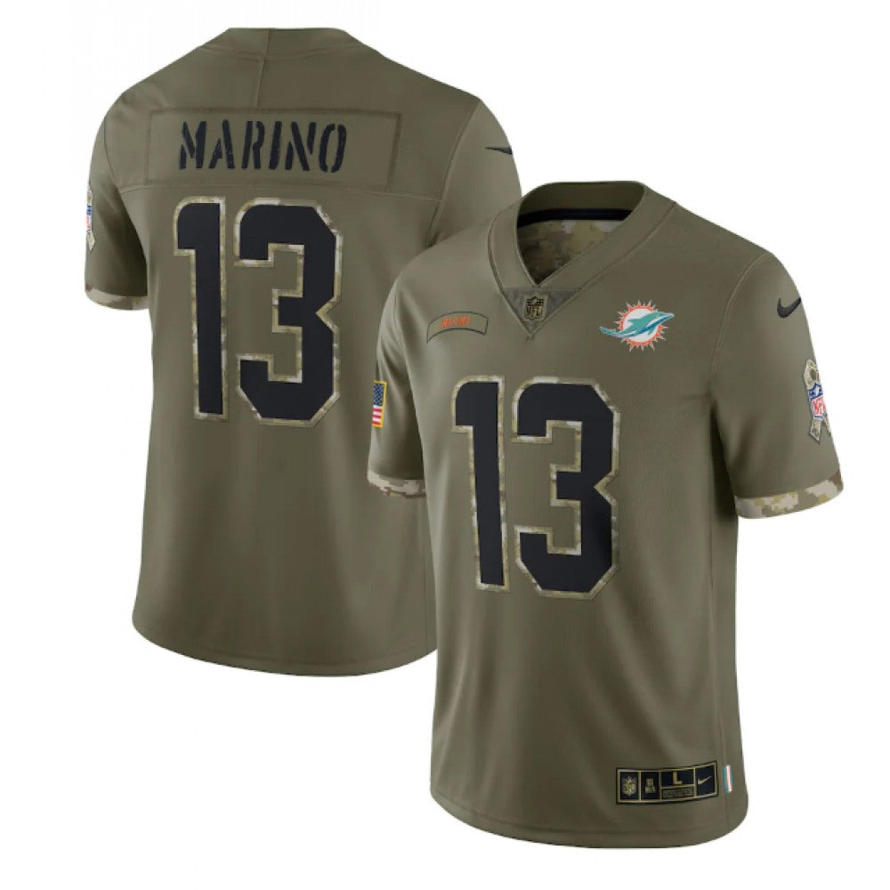 Men's Miami Dolphins #13 Dan Marino Olive 2022 Salute To Service Limited Stitched Jersey 