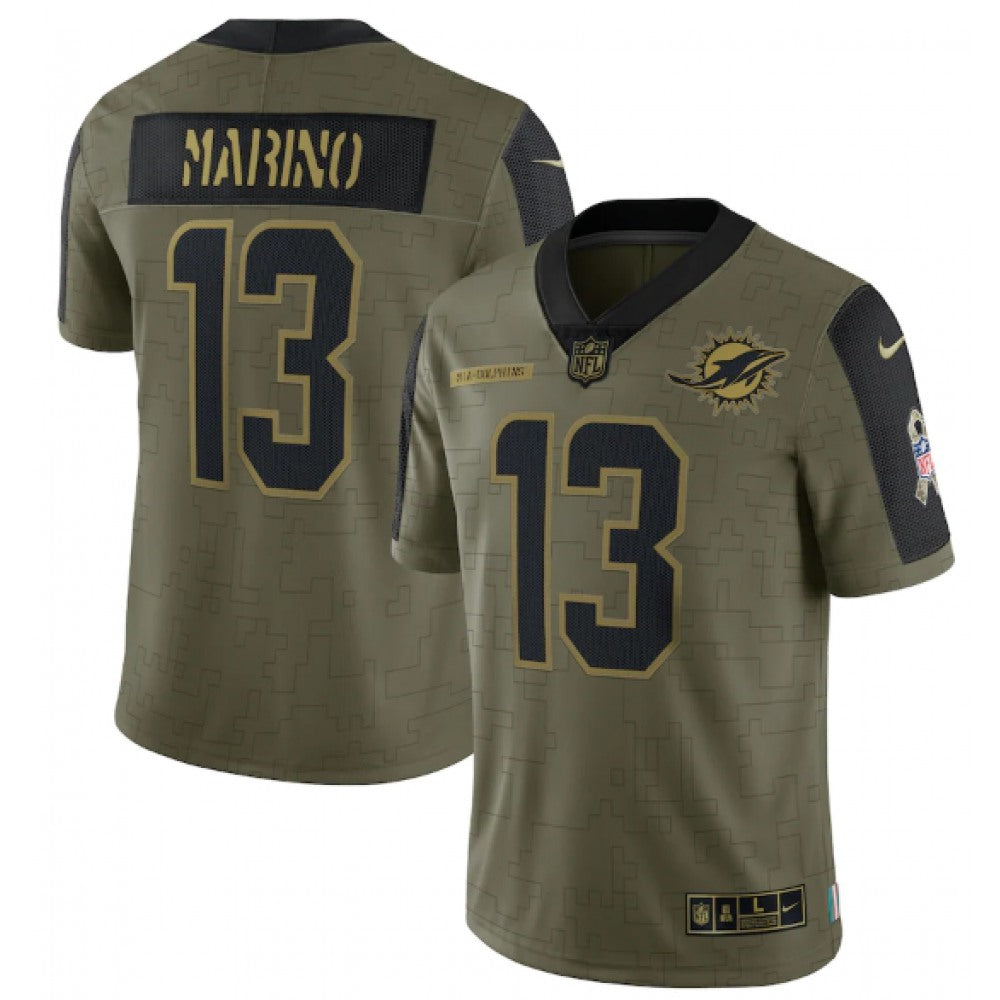 Men's Miami Dolphins #13 Dan Marino 2021 Olive Salute To Service Limited Stitched Jersey 
