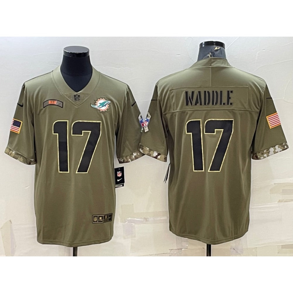 Men's Miami Dolphins #17 Jaylen Waddle 2022 Olive Salute To Service Limited Stitched Baseball Jersey 