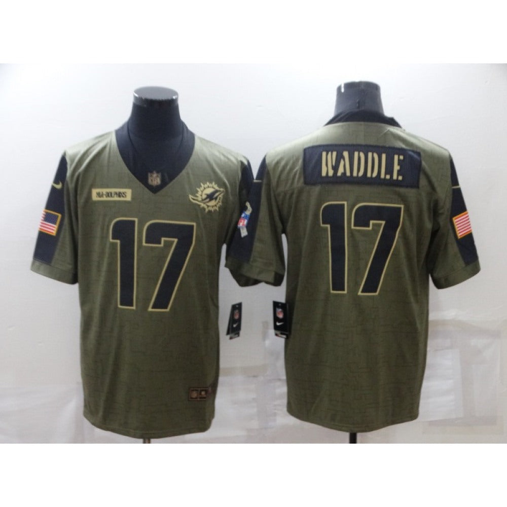 Men's Miami Dolphins #17 Jaylen Waddle 2021 Olive Salute To Service Limited Stitched Jersey 