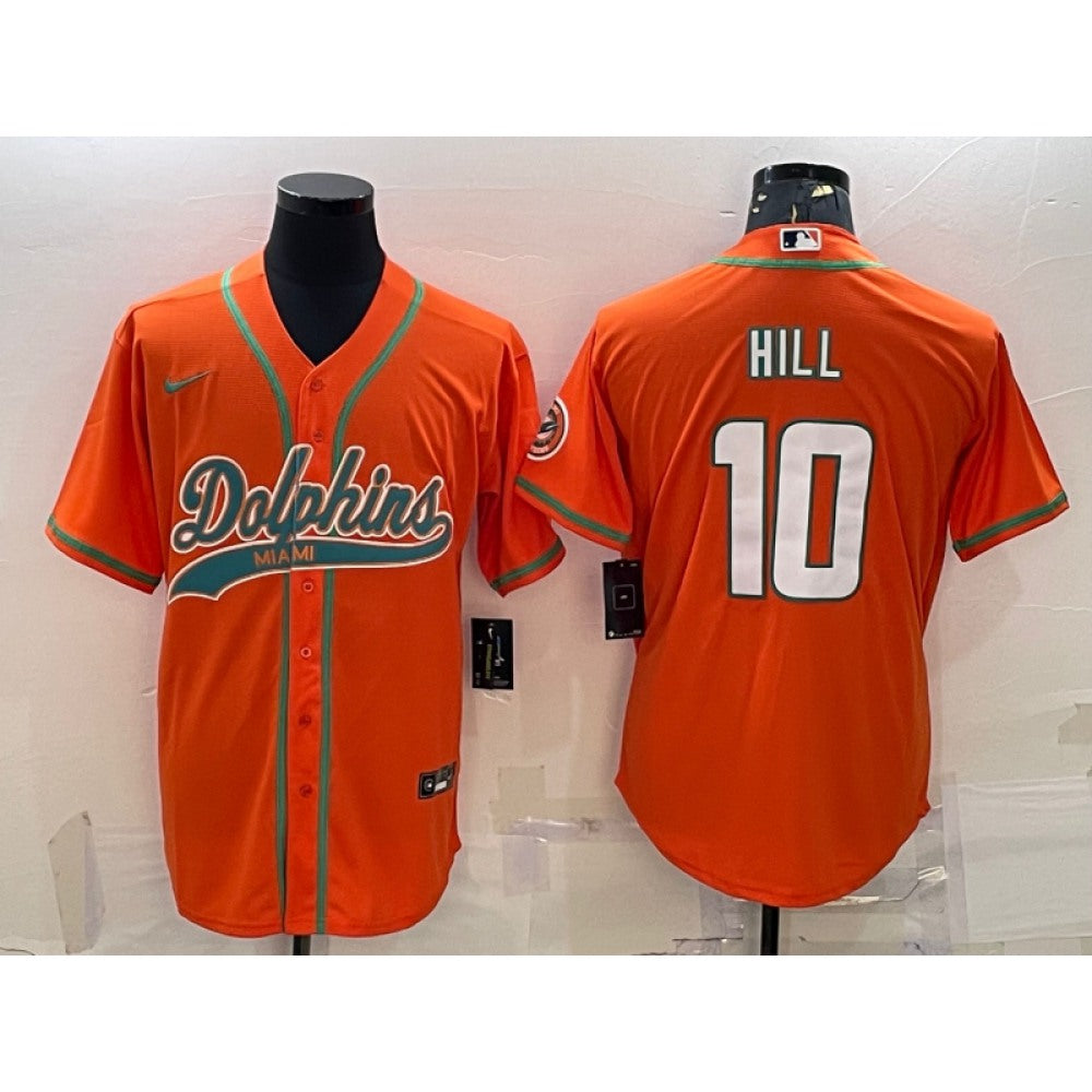 Men's Miami Dolphins #10 Tyreek Hill Orange With Patch Cool Base Stitched Baseball Jersey 