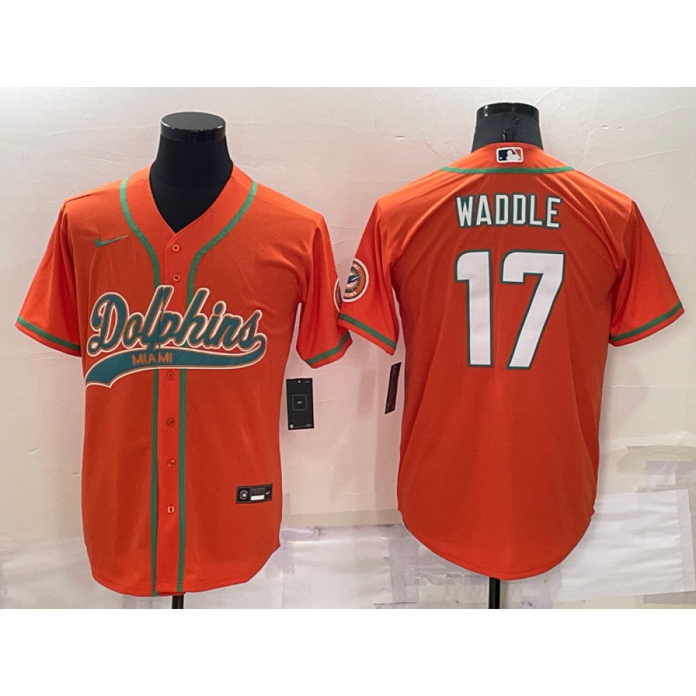 Men's Miami Dolphins #17 Jaylen Waddle Orange Cool Base Stitched Baseball Jersey 