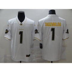 Men's Miami Dolphins #1 Tua Tagovailoa White Golden Stitched NFL Jersey 