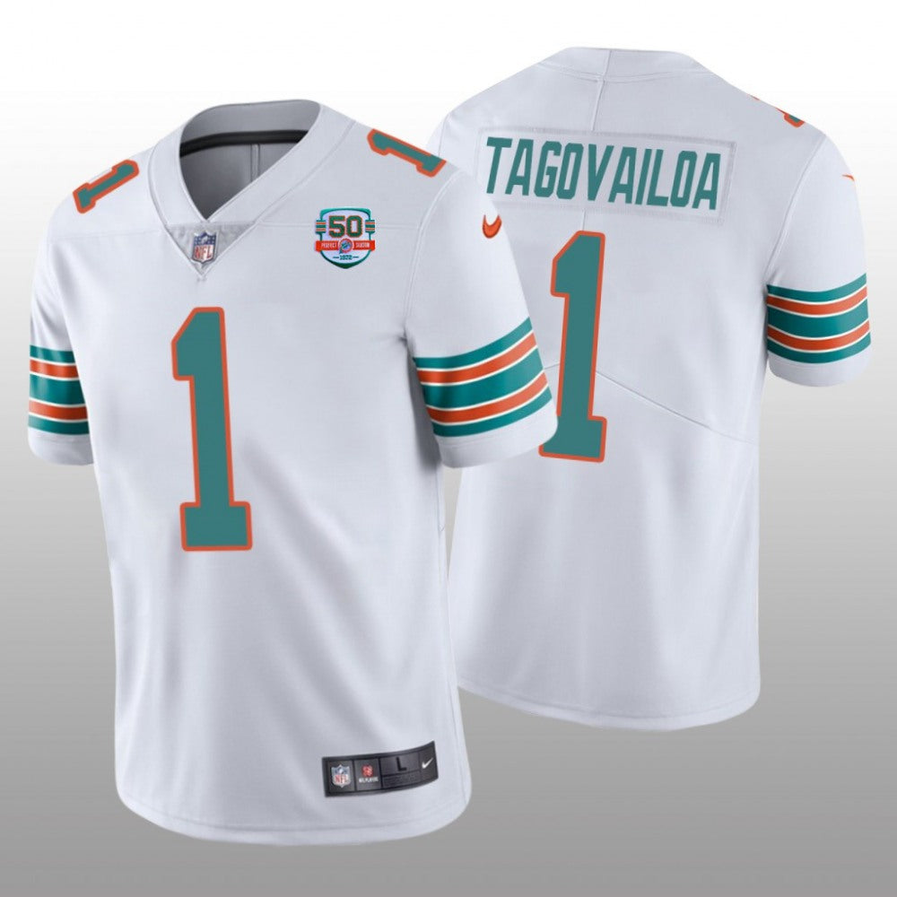 Men's Miami Dolphins #1 Tua Tagovailoa 2022 White With 50th Perfect Season Patch Limited Stitched Jersey 