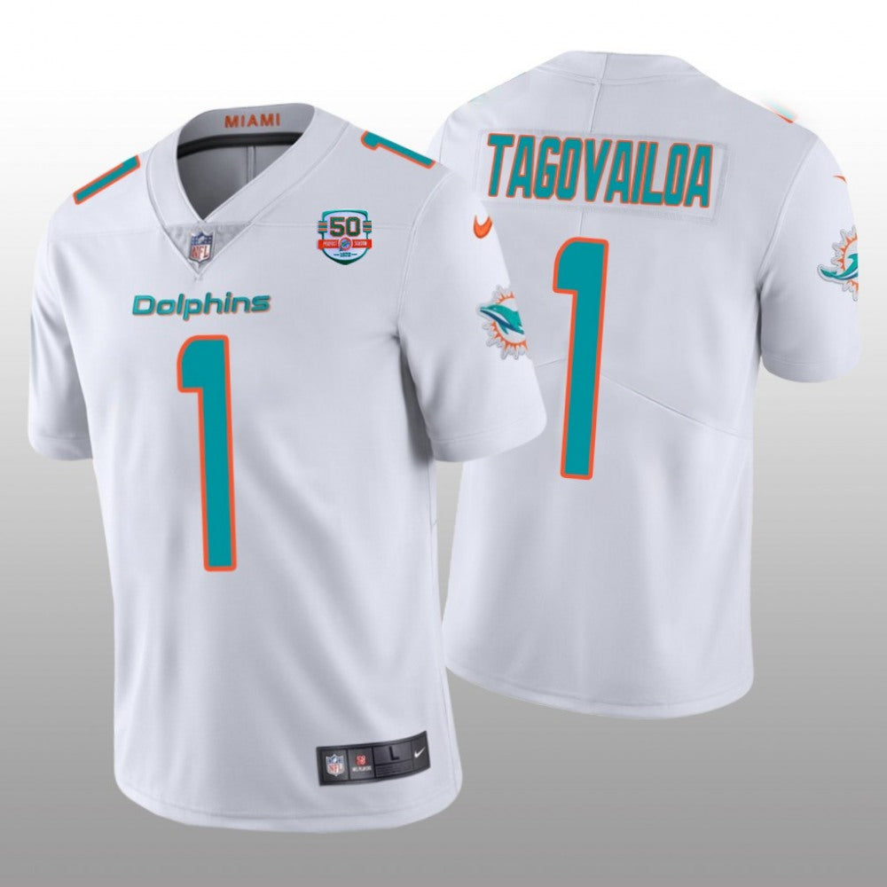 Men's Miami Dolphins #1 Tua Tagovailoa 2022 White With With 50th Perfect Season Patch Limited Stitched Jersey 
