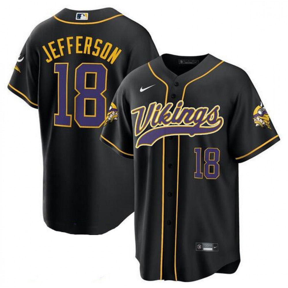 Men's Minnesota Vikings #18 Justin Jefferson Black Cool Base Stitched Baseball Jersey 