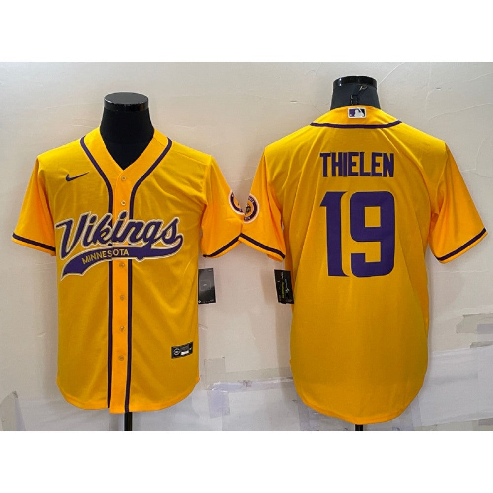 Men's Minnesota Vikings #19 Adam Thielen Gold With Patch Cool Base Stitched Baseball Jersey 